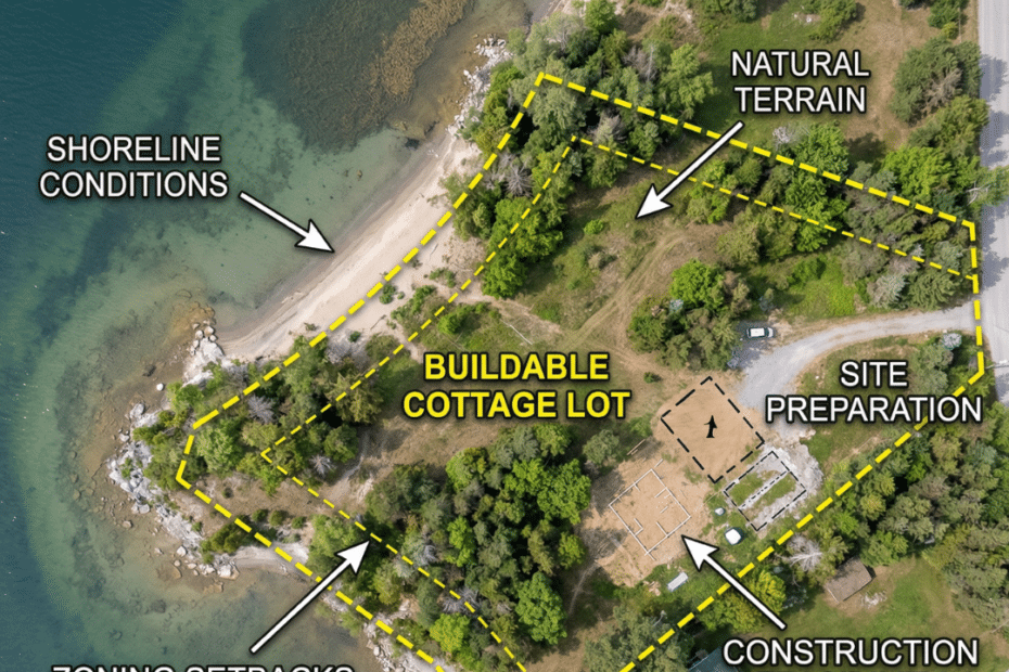 Aerial view of waterfront land in Kingston Ontario showing shoreline, trees, and buildable cottage lot in Frontenac County