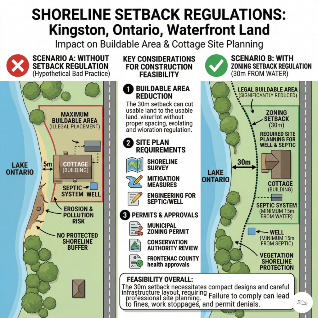 Shoreline setback diagram for waterfront land in Kingston Ontario showing required building distance from water and regulated zones