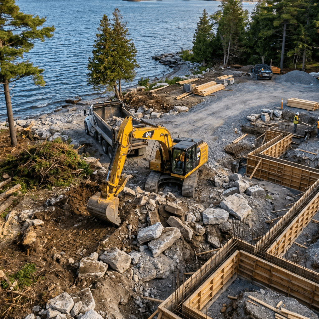 Site preparation and excavation on waterfront land in Kingston Ontario showing land clearing, grading, and foundation work for cottage construction