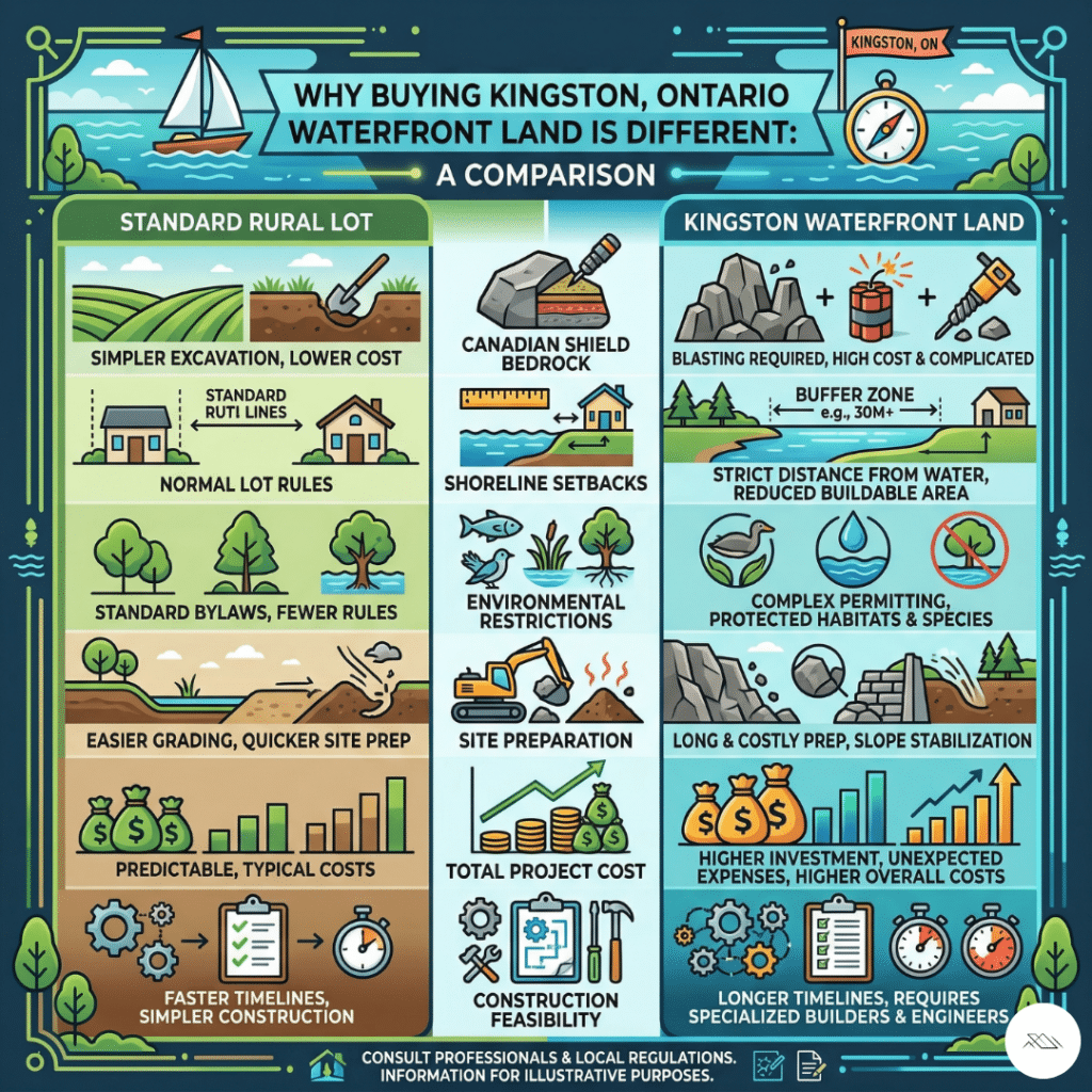 Infographic showing why buying waterfront land in Kingston Ontario is different including terrain, zoning, shoreline setbacks, and site preparation factors