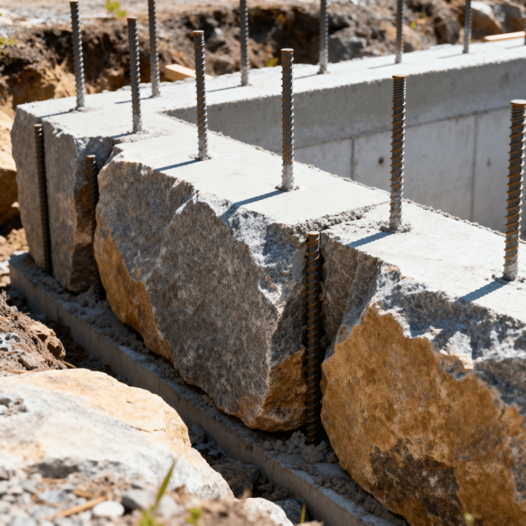 Bedrock-anchored concrete foundation with rebar doweled into granite showing how you can build on granite in Muskoka