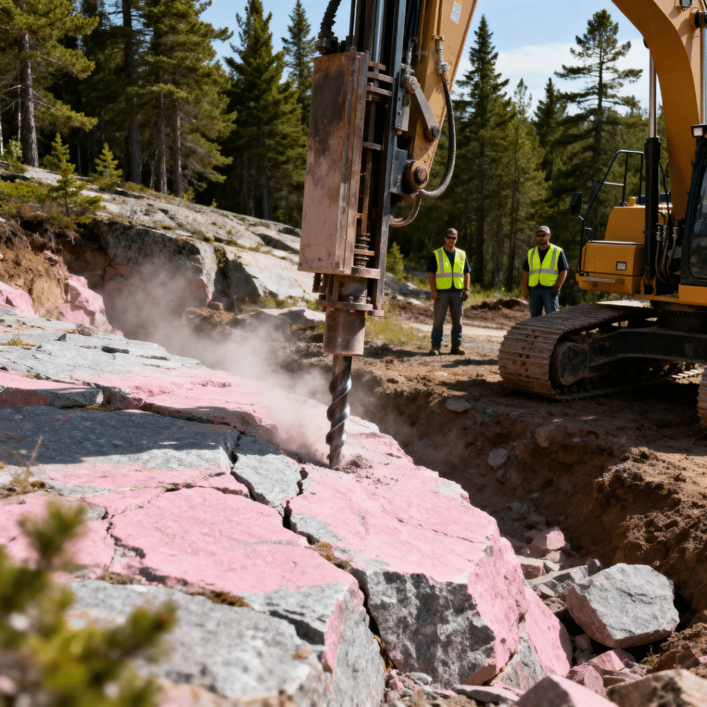 Controlled rock drilling into Canadian Shield bedrock showing how you can build on granite in Muskoka without excessive blasting