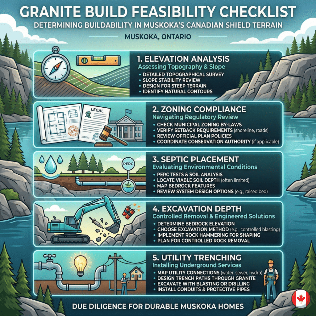 Granite build feasibility checklist infographic explaining how you can build on granite in Muskoka including zoning, septic placement, excavation depth, and utility trenching