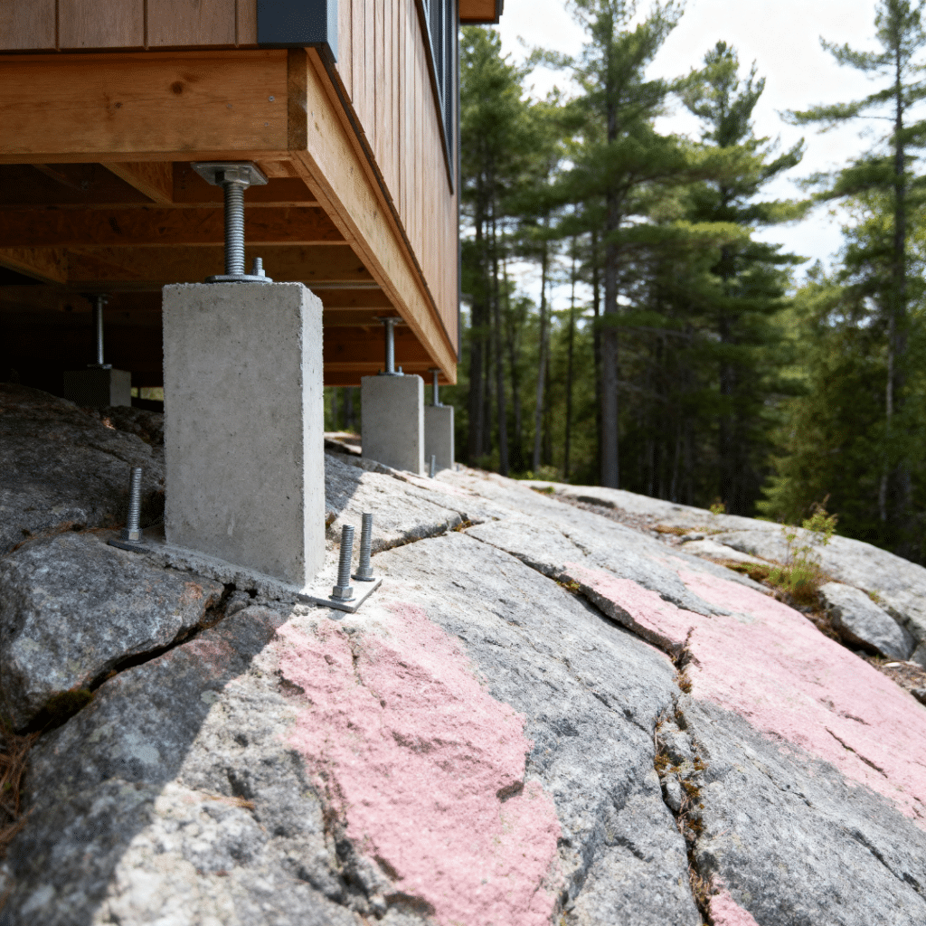 Island cottage foundation anchored into Canadian Shield granite demonstrating how you can build on granite in Muskoka on island lots