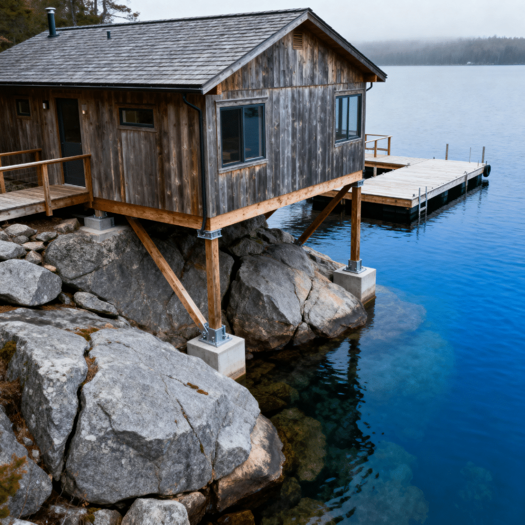 Boathouse foundation anchored into Canadian Shield granite showing how you can build on granite in Muskoka near waterfront shorelines