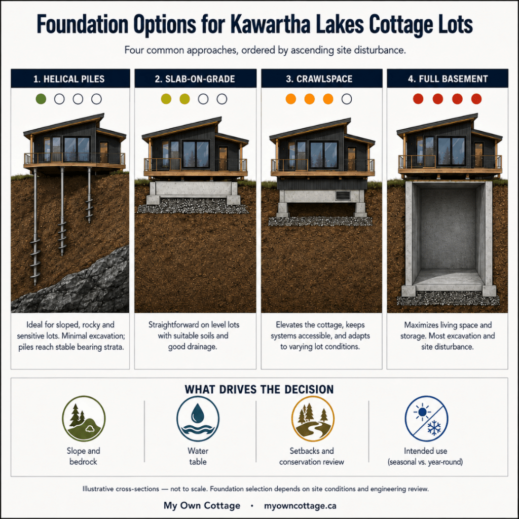 Cost to build a cottage in Kawartha Lakes foundation options, comparing helical piles, slab-on-grade, crawlspace and full basement by relative site disturbance.