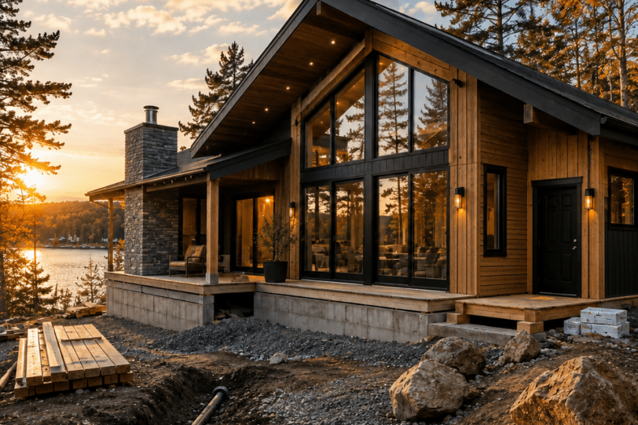 Completed prefab cottage on a Kawartha Lakes construction site with exposed foundation, service trench, gravel and unfinished site work