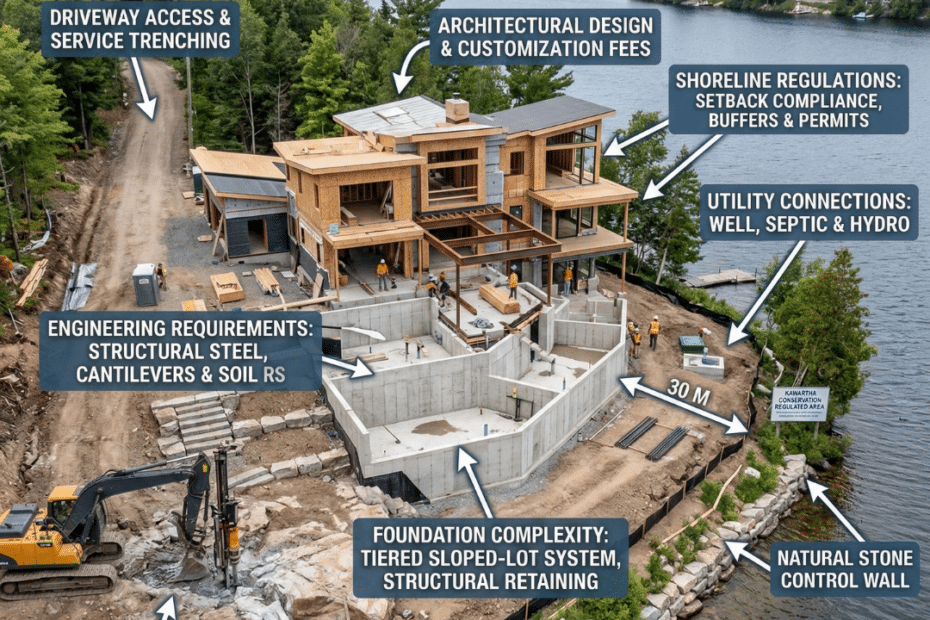 Waterfront construction site illustrating the cost to build a cottage in Kawartha Lakes, including site preparation, engineered foundations, and shoreline construction factors.