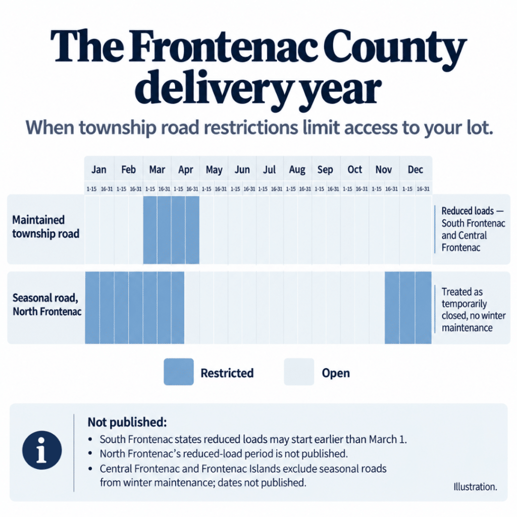 Cottage builders Frontenac County delivery-year illustration showing reduced-load periods on maintained township roads and winter closures on North Frontenac seasonal roads.