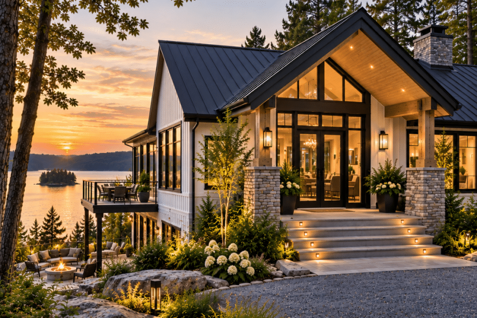 Cottage builders Frontenac County – luxury cottage design with white siding, black metal roof, timber entry, stone accents and waterfront setting.