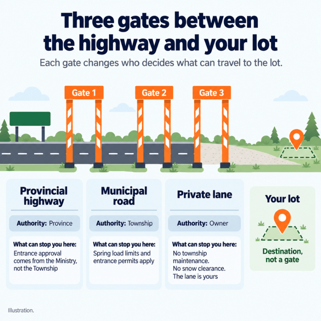 Illustration of three road authority gates affecting access to a rural lot in Frontenac County, from provincial highway to township road to private lane
