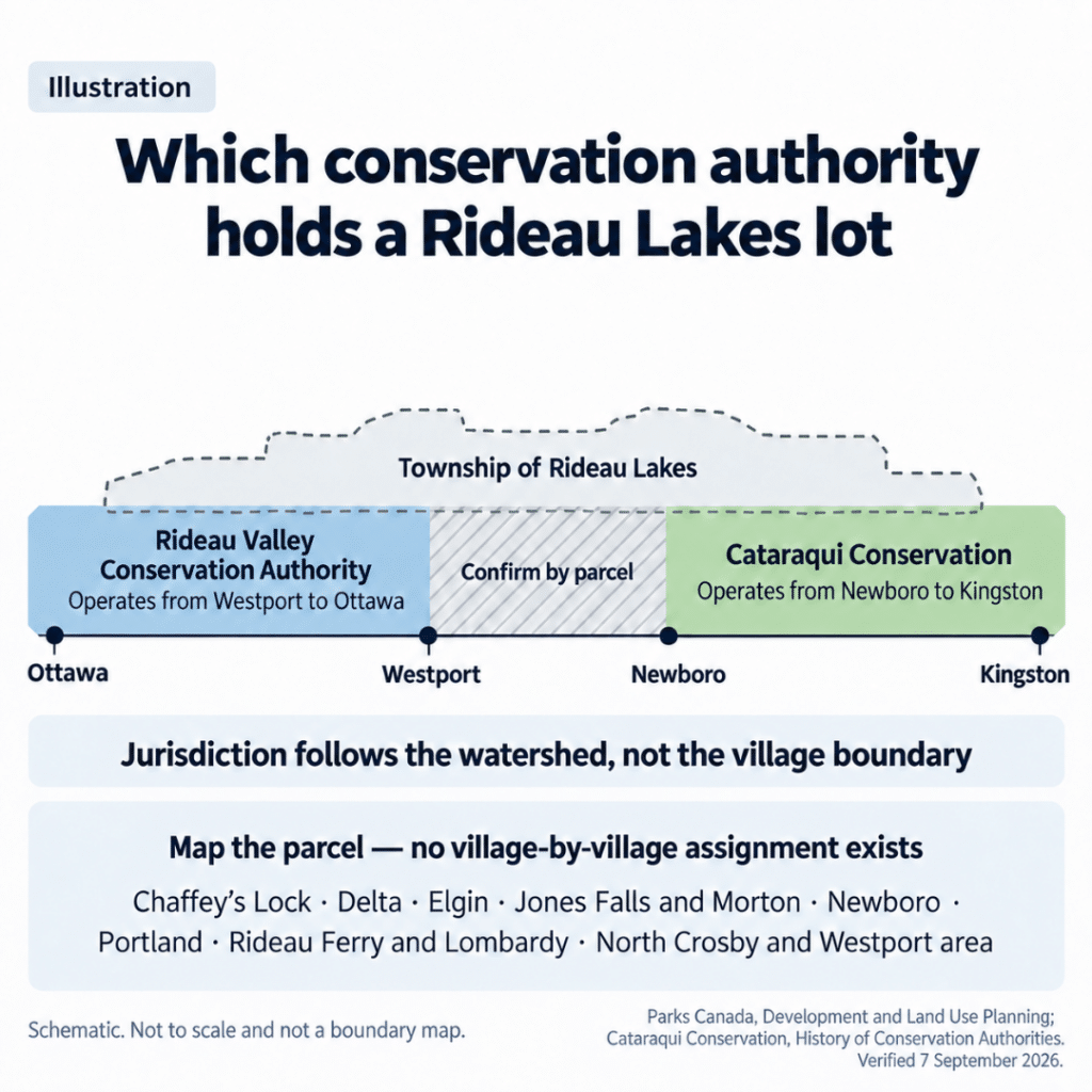 Cottage builders Rideau Lakes conservation authority schematic showing Rideau Lakes Township spanning Rideau Valley and Cataraqui Conservation areas, with the watershed split confirmed by parcel