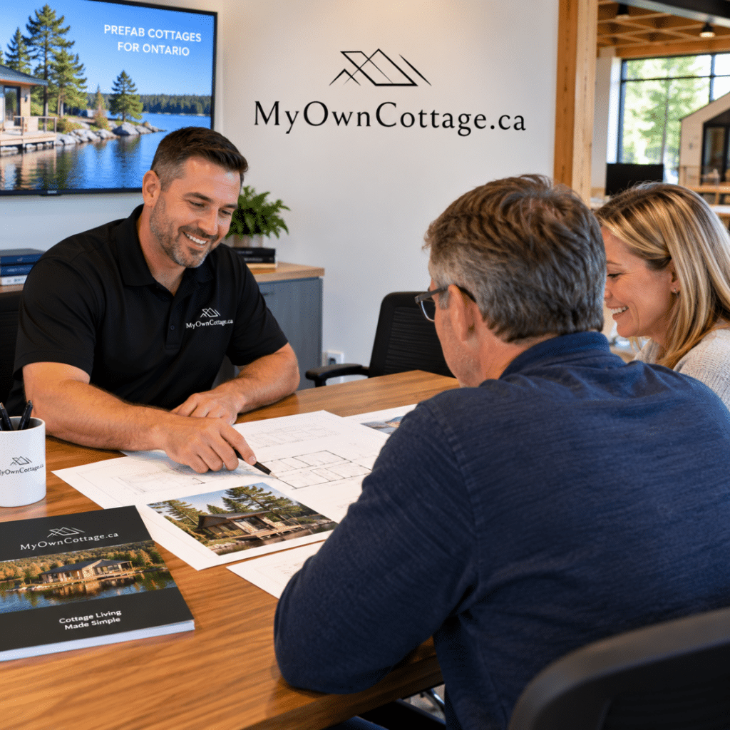 Cottage builders Rideau Lakes consultation with My Own Cottage staff and prospective buyers discussing a cottage project at the company’s Orillia facility