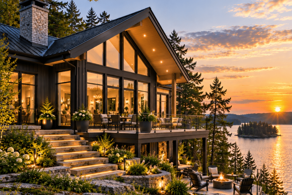 Cottage builders Rideau Lakes – luxury waterfront cottage design with black siding, expansive glazing, stonework and a landscaped rocky shoreline.