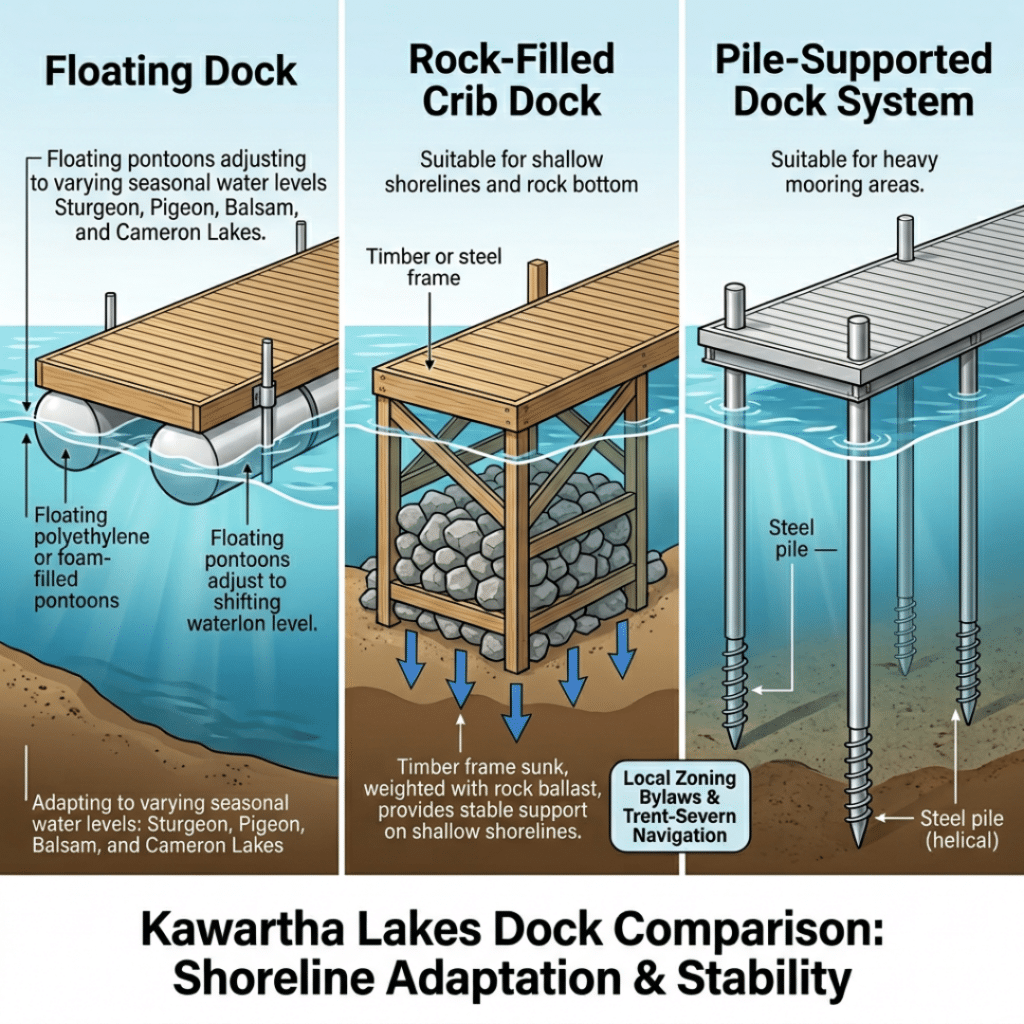 Infographic illustrating common dock types used by boathouse builders in Kawartha Lakes, including floating docks, crib docks, and pile docks designed for waterfront properties and varying lakebed conditions.