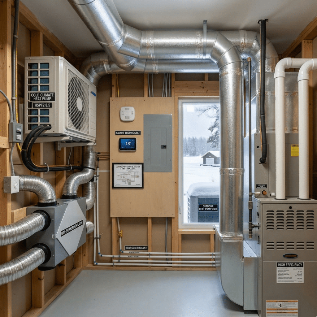 HVAC heating system installed in a four-season cottage mechanical room in Kawartha Lakes designed for year-round living in Ontario winter climates.