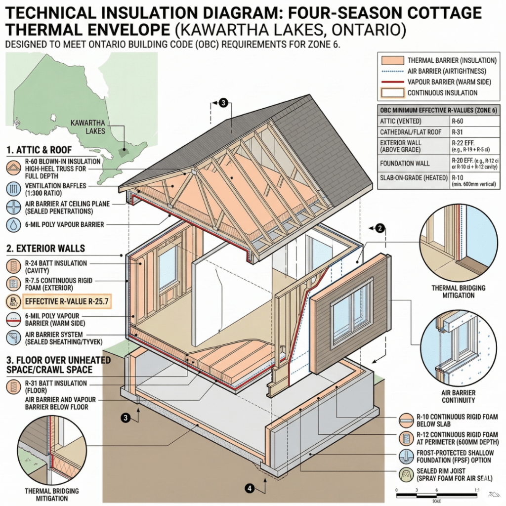 Four season cottage insulation diagram showing wall, attic, and foundation insulation required for year-round cottages in Kawartha Lakes Ontario.