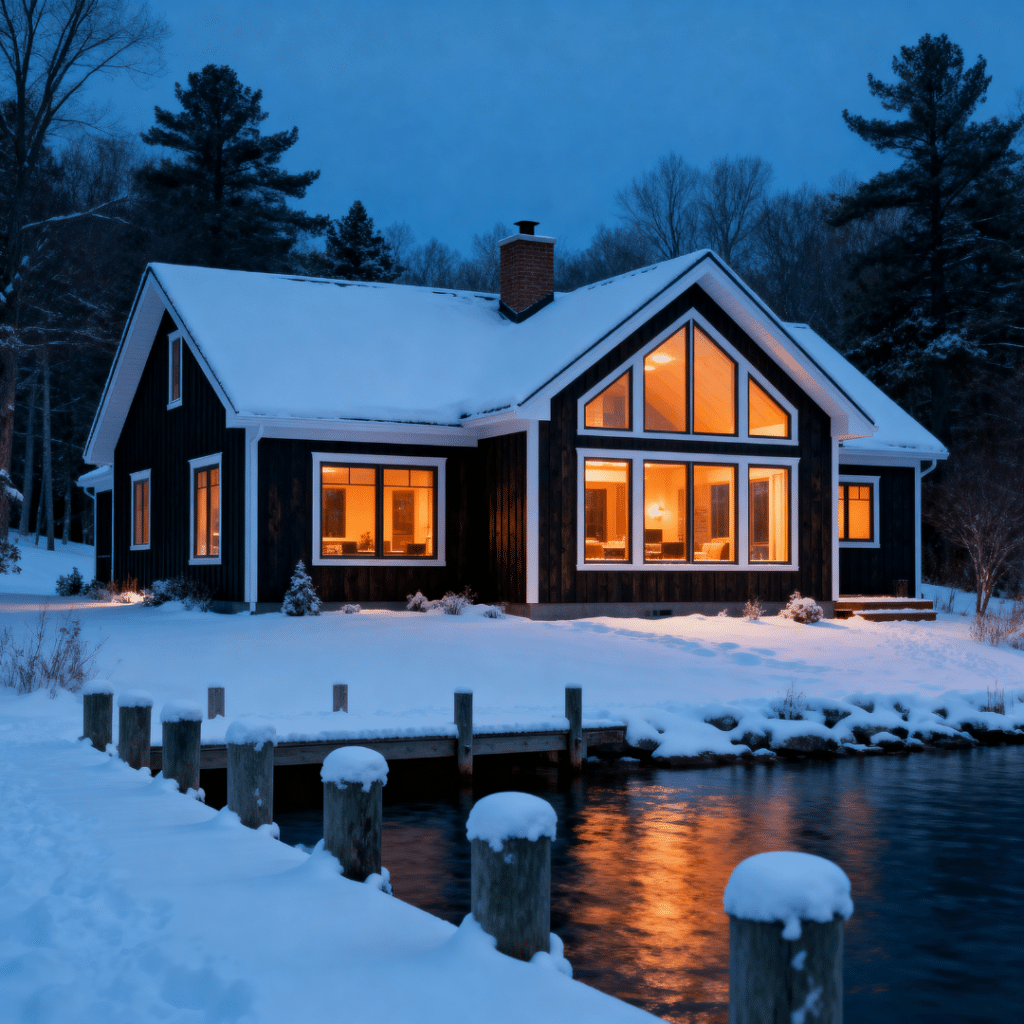 Four season lakefront cottage in Kawartha Lakes during winter with snow-covered landscape, frozen lake, and warm interior lighting designed for year-round living in Ontario.