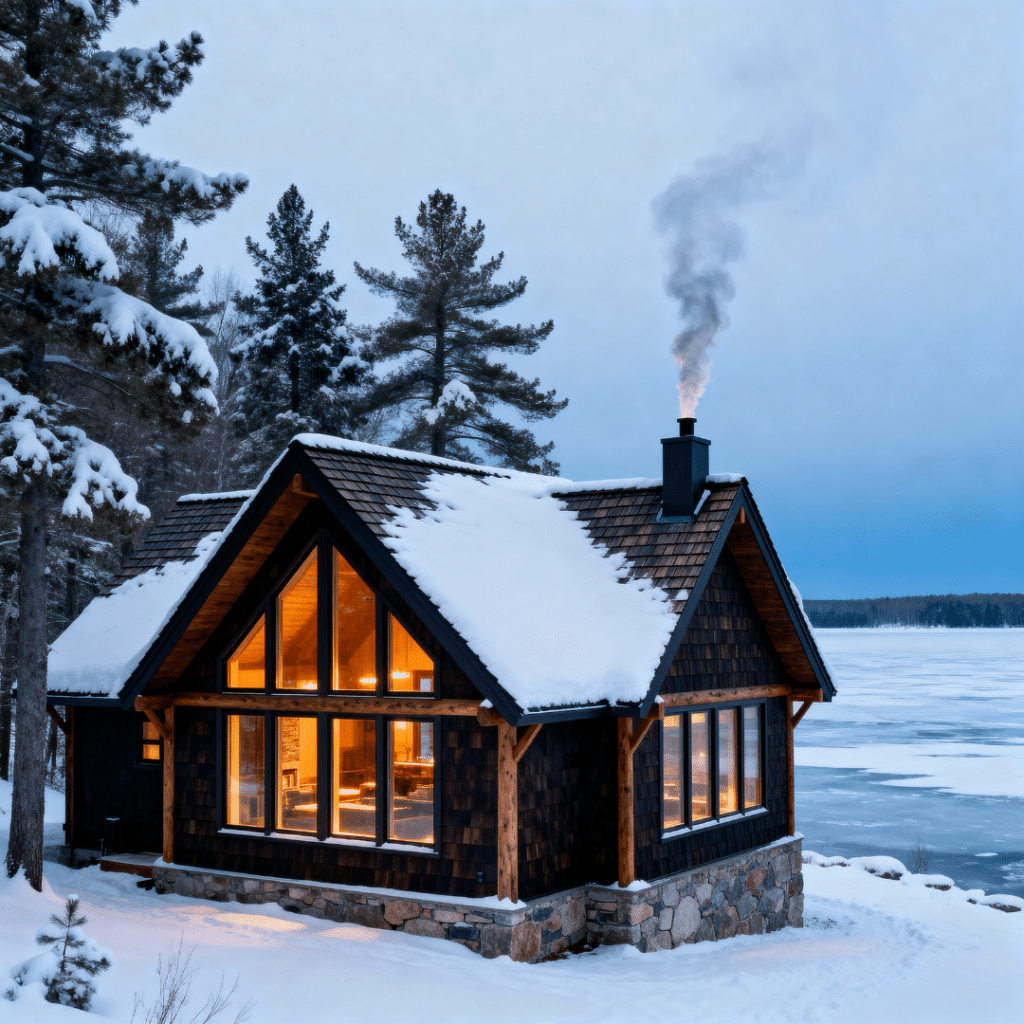 Four season cottage in Kawartha Lakes designed for year-round living with insulated construction and large windows overlooking a lake in Ontario.