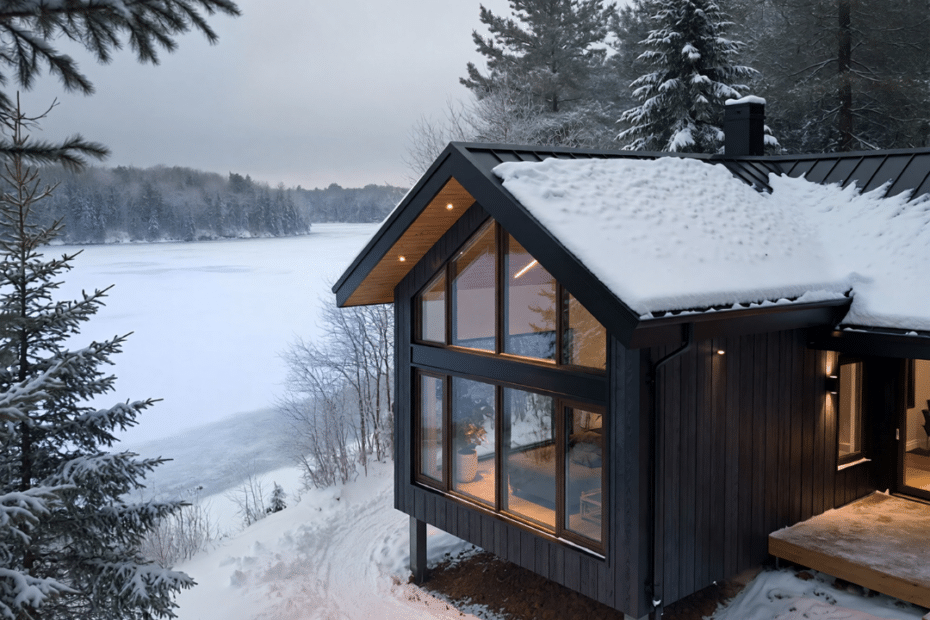 Four season cottage in Kawartha Lakes during winter showing a lakefront home built for year-round living and designed to meet four season cottage requirements in Ontario.
