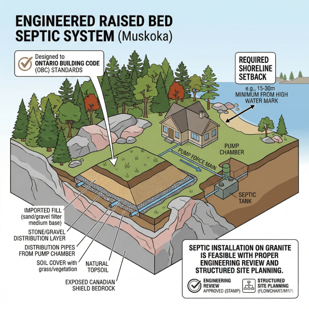 Raised bed septic system installed on granite in Muskoka, showing engineered fill height above shallow soil and exposed bedrock with daylight conditions and a structured site layout.