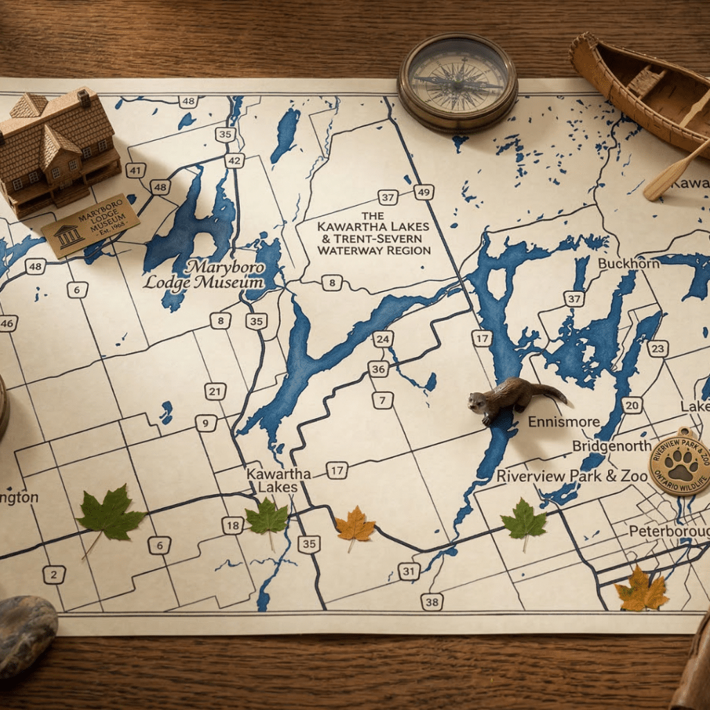Map of the Kawartha Lakes region in Ontario including popular cottage lakes such as Sturgeon Lake, Pigeon Lake, Balsam Lake, Cameron Lake, and Shadow Lake