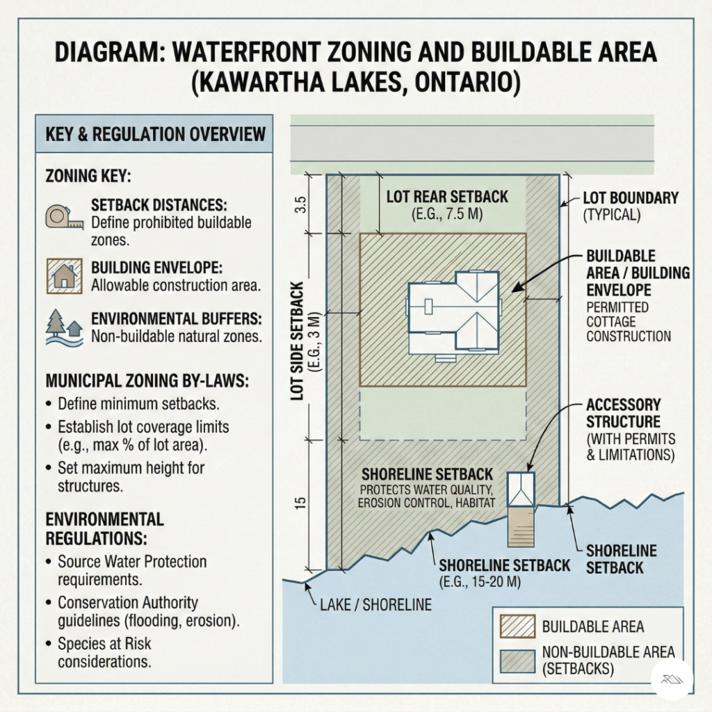 Waterfront zoning Kawartha Lakes diagram showing the building envelope, lot boundaries, and permitted cottage construction area under municipal zoning bylaws.