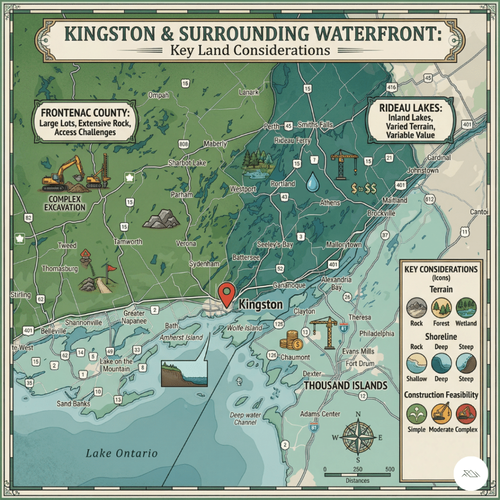 Map of waterfront regions near Kingston Ontario including Rideau Lakes, Frontenac County, and Thousand Islands for buying waterfront land