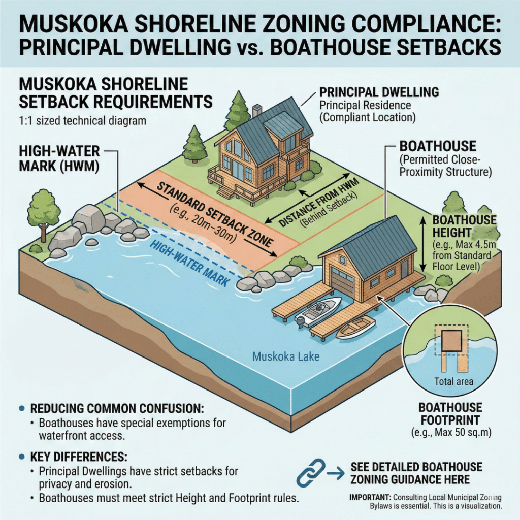 Diagram comparing Muskoka shoreline setback requirements for a principal dwelling and a boathouse, showing the house positioned behind the 20–30 metre setback while the boathouse is located closer to the shoreline, with height restriction and footprint limit notes.