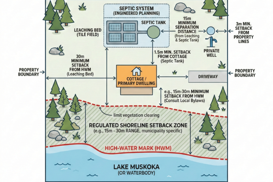 Top-down diagram illustrating Muskoka septic setback requirements on a waterfront lot, showing cottage placement, septic tank, leaching bed, high-water mark, 15–30 metre shoreline setback, and required well separation distance.