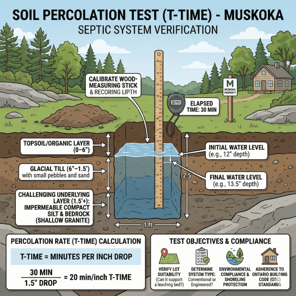Soil percolation test conducted to meet Muskoka septic system requirements, showing a perc test hole with visible soil layers and measuring stick during technical inspection.