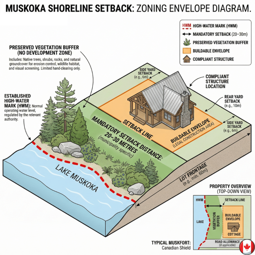 Diagram illustrating Muskoka shoreline setback requirements, showing the high-water mark, 20–30 metre measurement line, vegetation buffer zone, and the permitted buildable envelope on a waterfront property lot.
