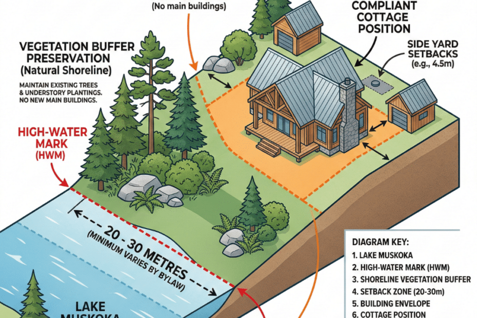 Muskoka shoreline setback rules diagram showing 20–30 metre distance from high-water mark with cottage positioned behind regulated waterfront setback line