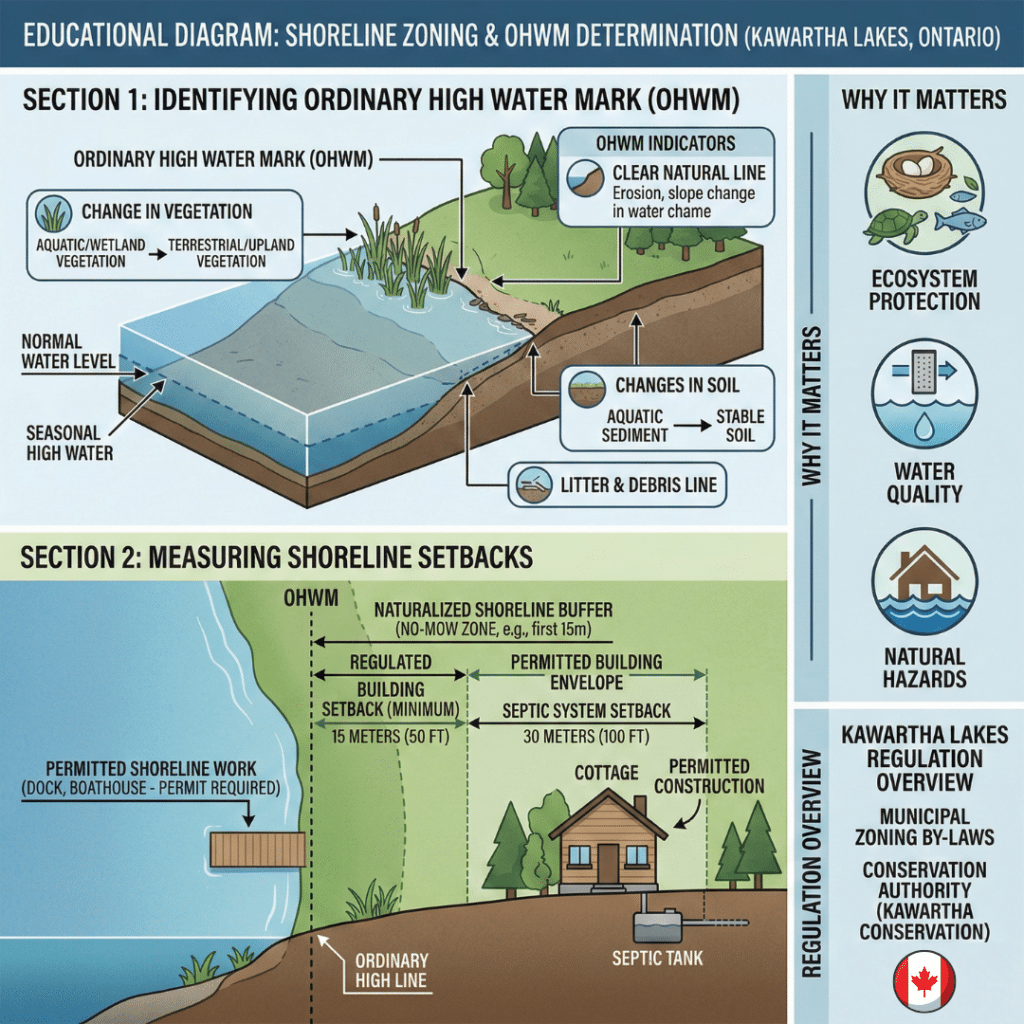 Ordinary High Water Mark shoreline setback diagram explaining waterfront zoning Kawartha Lakes and how OHWM determines cottage setback distance from the lake.