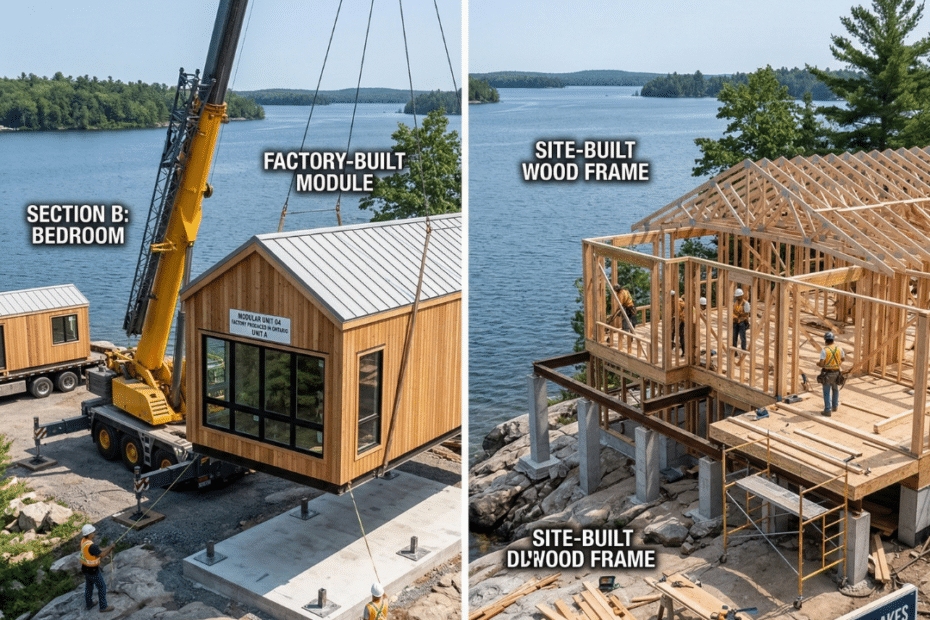 Prefab vs custom cottage construction in Kawartha Lakes showing a modular prefab cottage installation beside a custom lakefront cottage framing stage in Ontario.