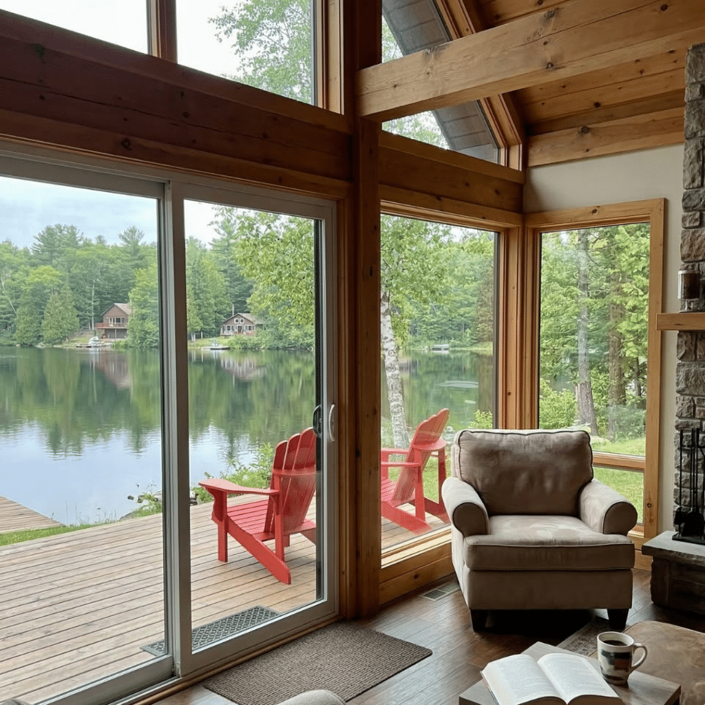 Interior view of a waterfront cottage overlooking Shadow Lake in Kawartha Lakes Ontario