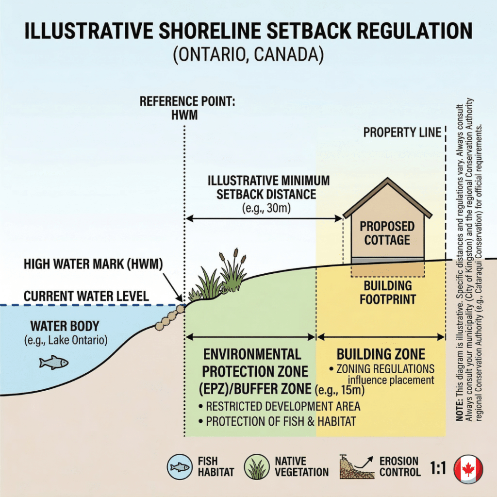 shoreline setback requirements for waterfront cottage construction in Kingston Ontario showing minimum distance from high water mark and protected shoreline buffer