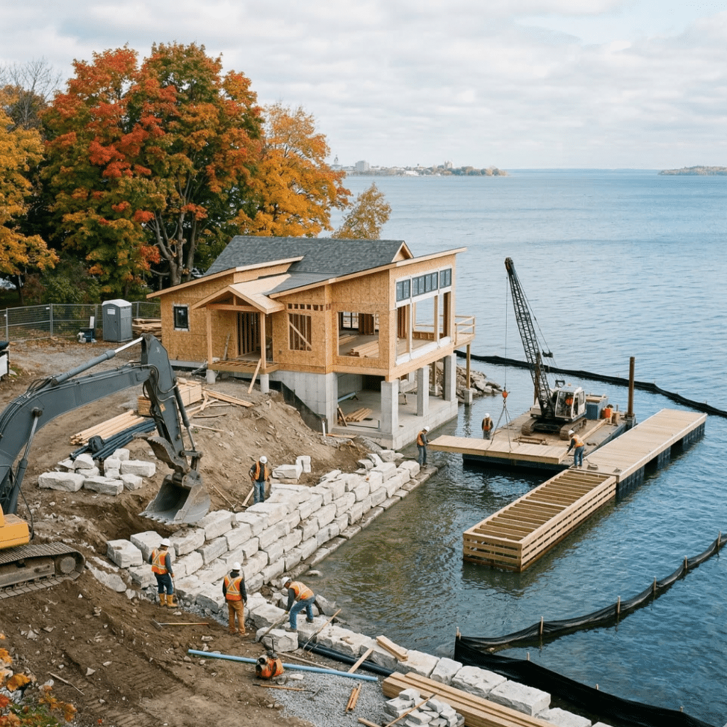waterfront cottage construction in Kingston Ontario showing dock installation and shoreline stabilization with armour stone retaining walls on lakefront property