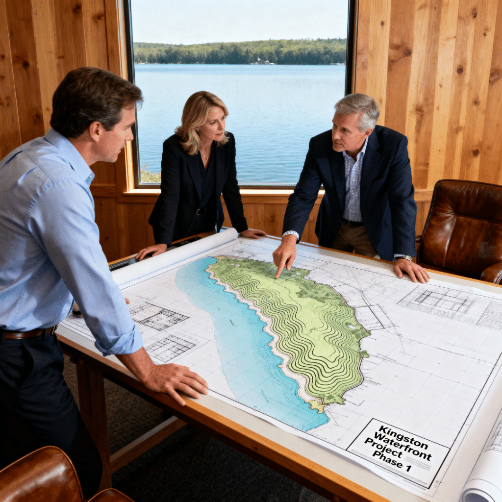 planning consultation for waterfront cottage construction in Kingston Ontario showing homeowners reviewing design plans and project details