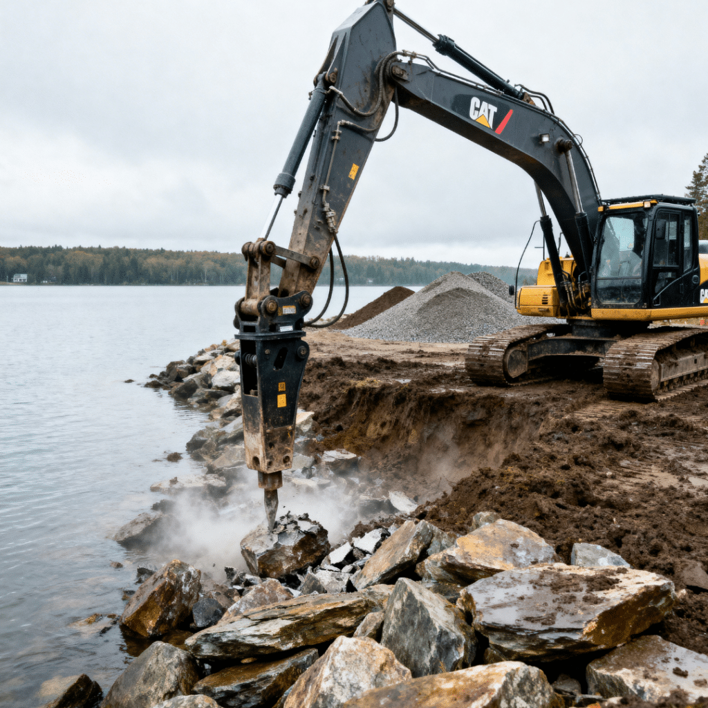 shoreline excavation and site preparation for waterfront cottage construction in Kingston Ontario showing heavy equipment and rocky terrain