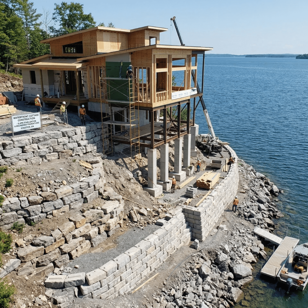 sloped terrain waterfront cottage construction in Kingston Ontario showing retaining walls and elevated foundation on hillside lot