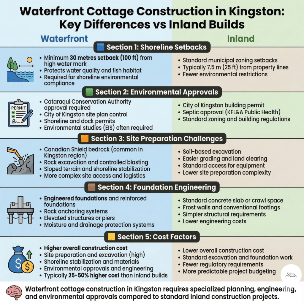 infographic showing waterfront cottage construction in Kingston compared to inland construction including shoreline setbacks site preparation foundation engineering and cost differences