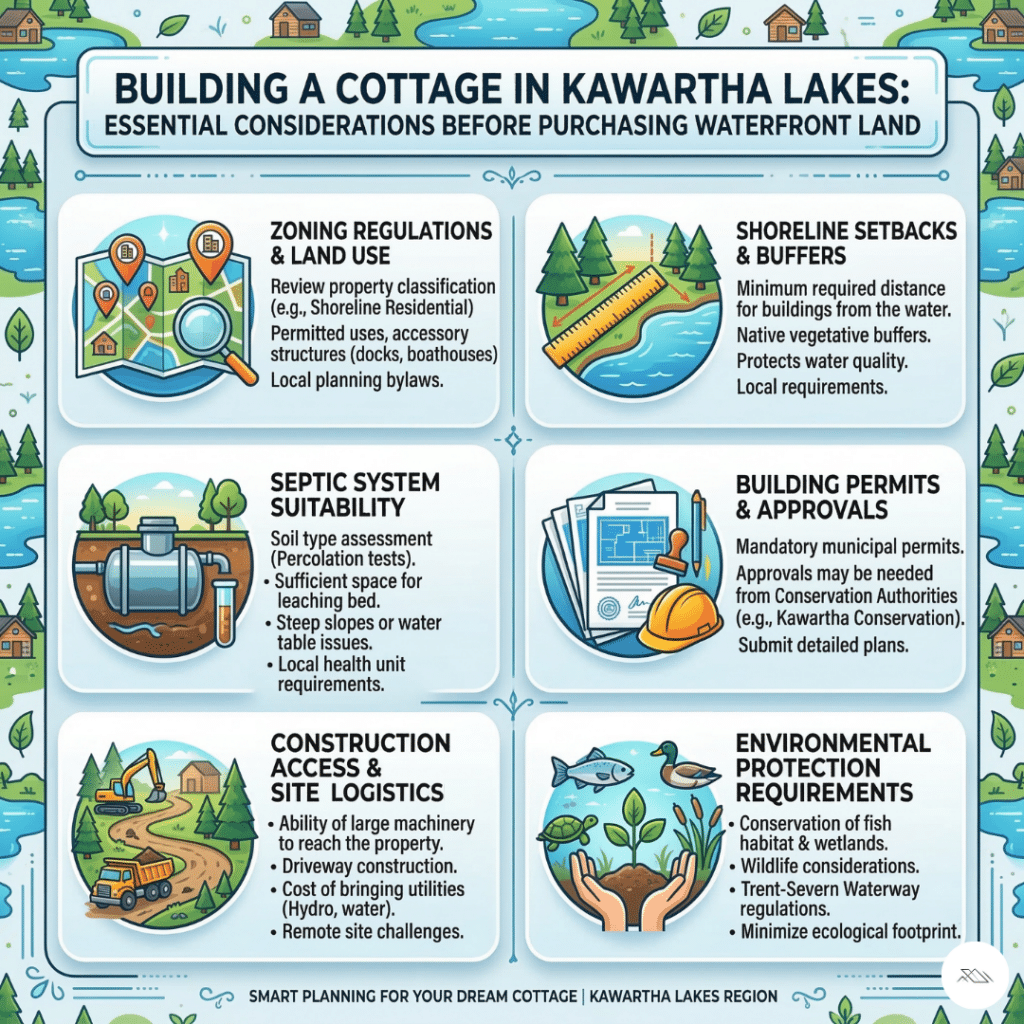 Infographic checklist showing things to consider before buying waterfront land in Kawartha Lakes for building a cottage