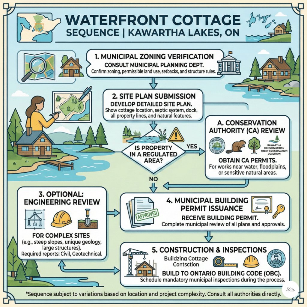 Waterfront permit approval process diagram showing zoning verification, site plan submission, conservation authority review, and building permit issuance for waterfront zoning in Kawartha Lakes.