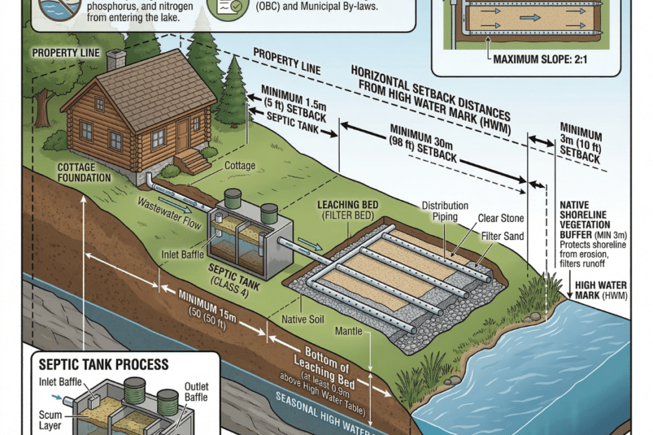 Waterfront septic system layout near a lakefront cottage in Kawartha Lakes showing septic tank, drain field, and shoreline setback requirements.