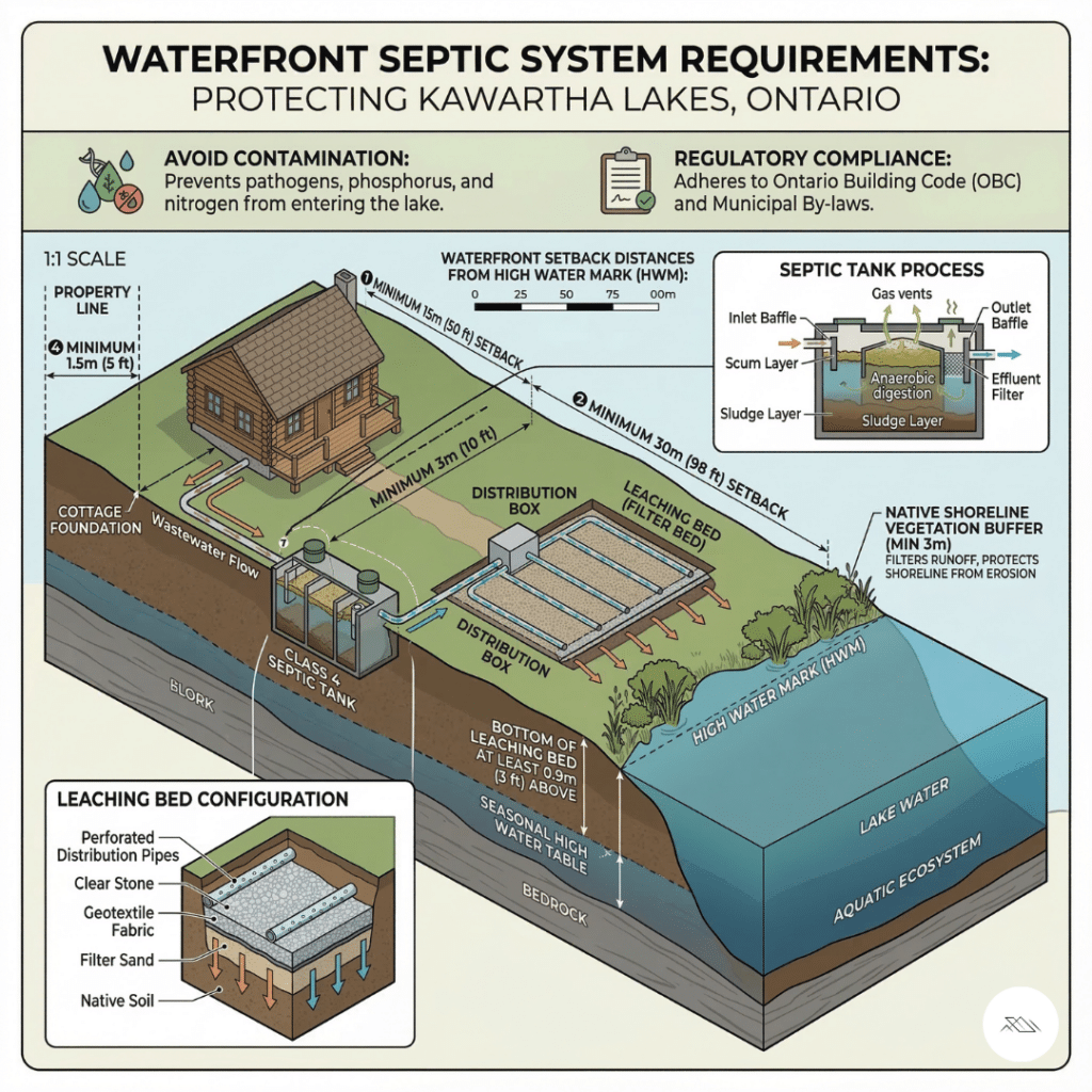 Diagram of a waterfront septic system in Kawartha Lakes showing septic tank, distribution pipes, and leaching bed used for cottage wastewater treatment.