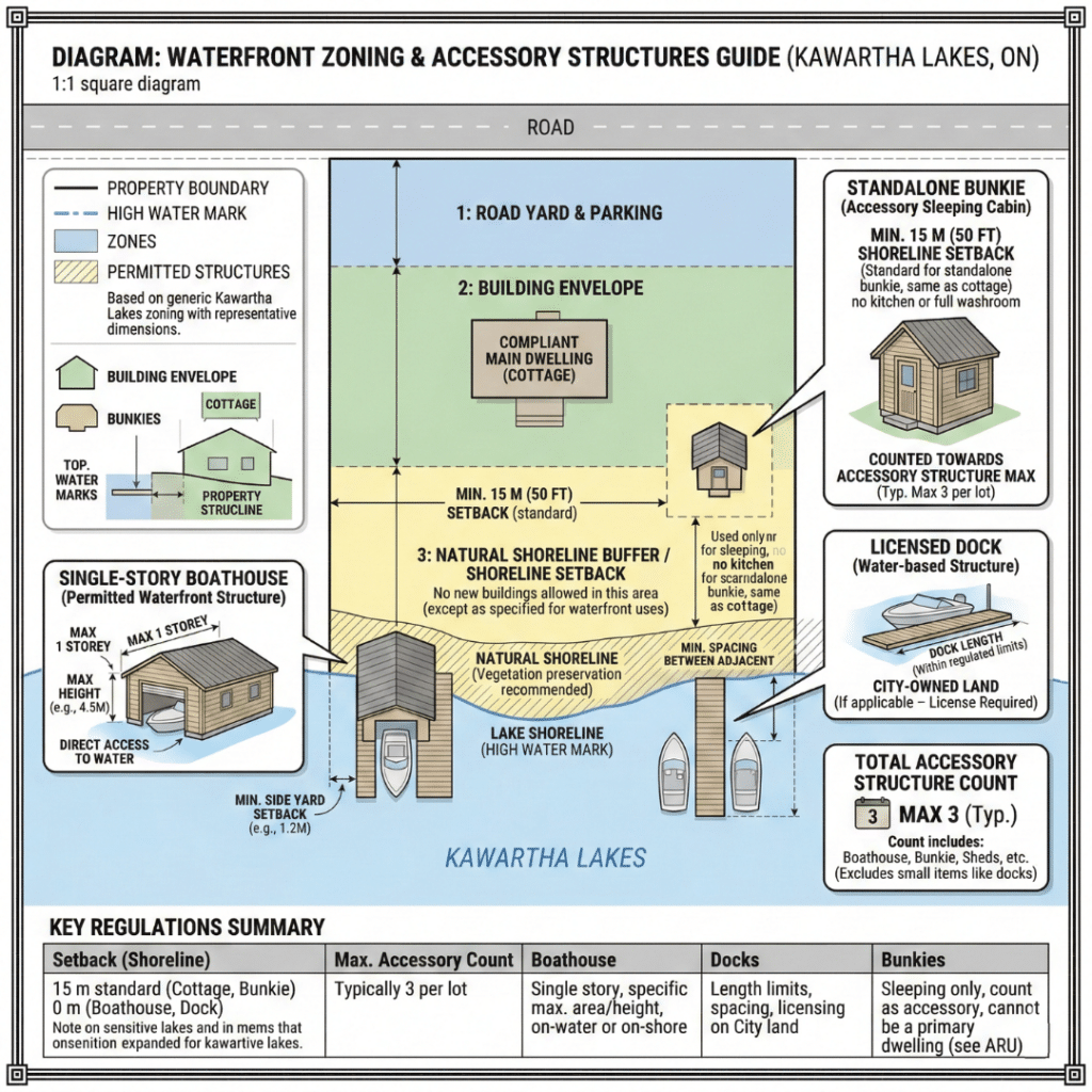 Waterfront zoning Kawartha Lakes diagram showing dock, boathouse, and cottage accessory structures with shoreline setback zones and waterfront property layout.