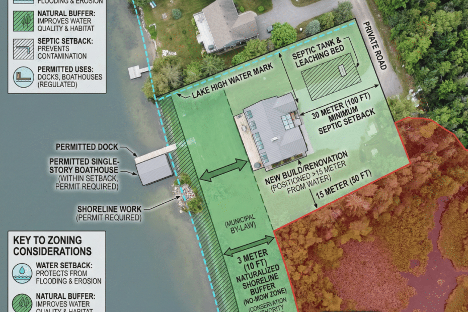 Waterfront zoning and shoreline setback example for cottage property in Kawartha Lakes showing building distance from lake and natural shoreline buffer