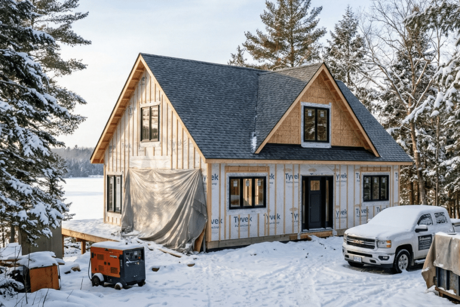 Winter construction in Muskoka showing a fully framed cottage at lock-up stage with roof and windows installed, snow-covered ground, and a weather-protected structure ready for interior work.