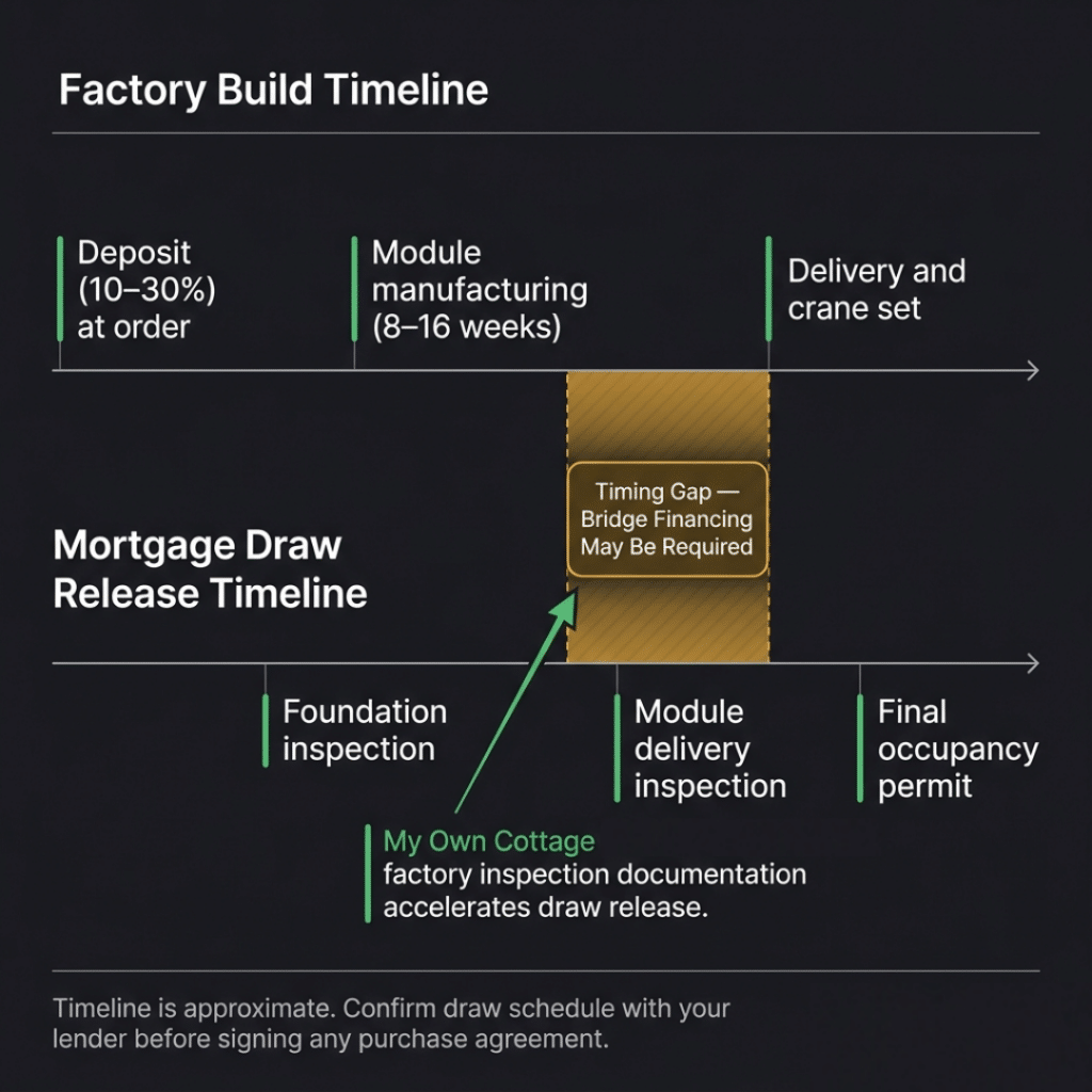 Affordable prefab homes Muskoka construction draw mortgage timeline diagram showing factory build payment milestones alongside mortgage draw releases with timing gap before module delivery and CSA A277 documentation accelerating approvals